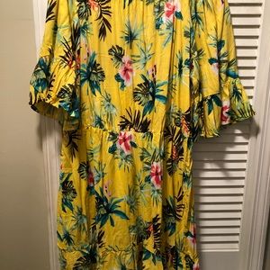 YELLOW TROPICAL FLOWERY ON/OFF SHOULDER DRESS